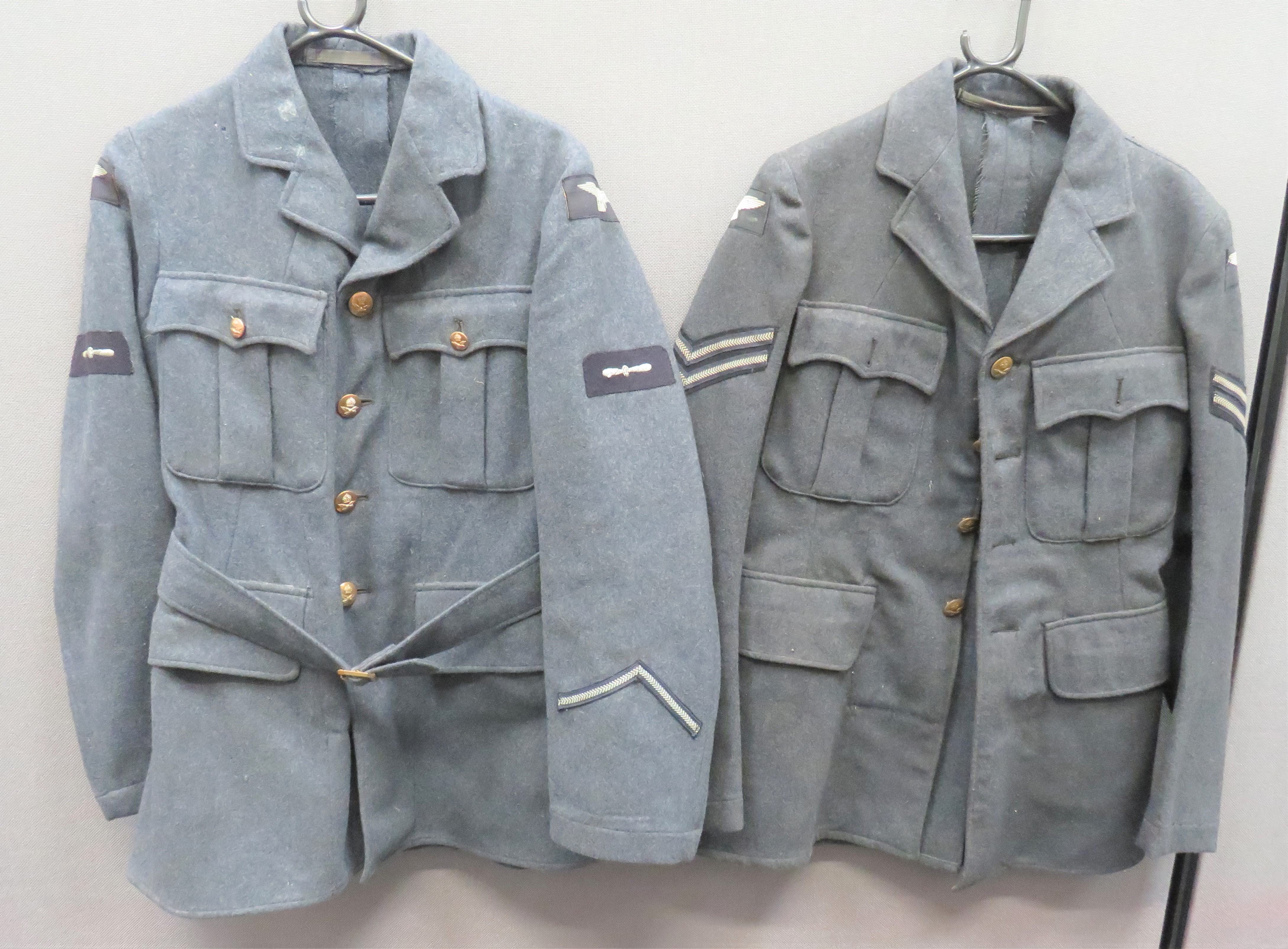 Two RAF Airman Service Dress Jackets blue grey woollen, single breasted, open collar tunics.