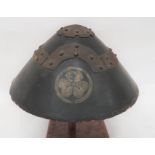 Japanese 19th Century Jingasa Conical Helmet black lacquer, conical dome hat.  The front with gilt