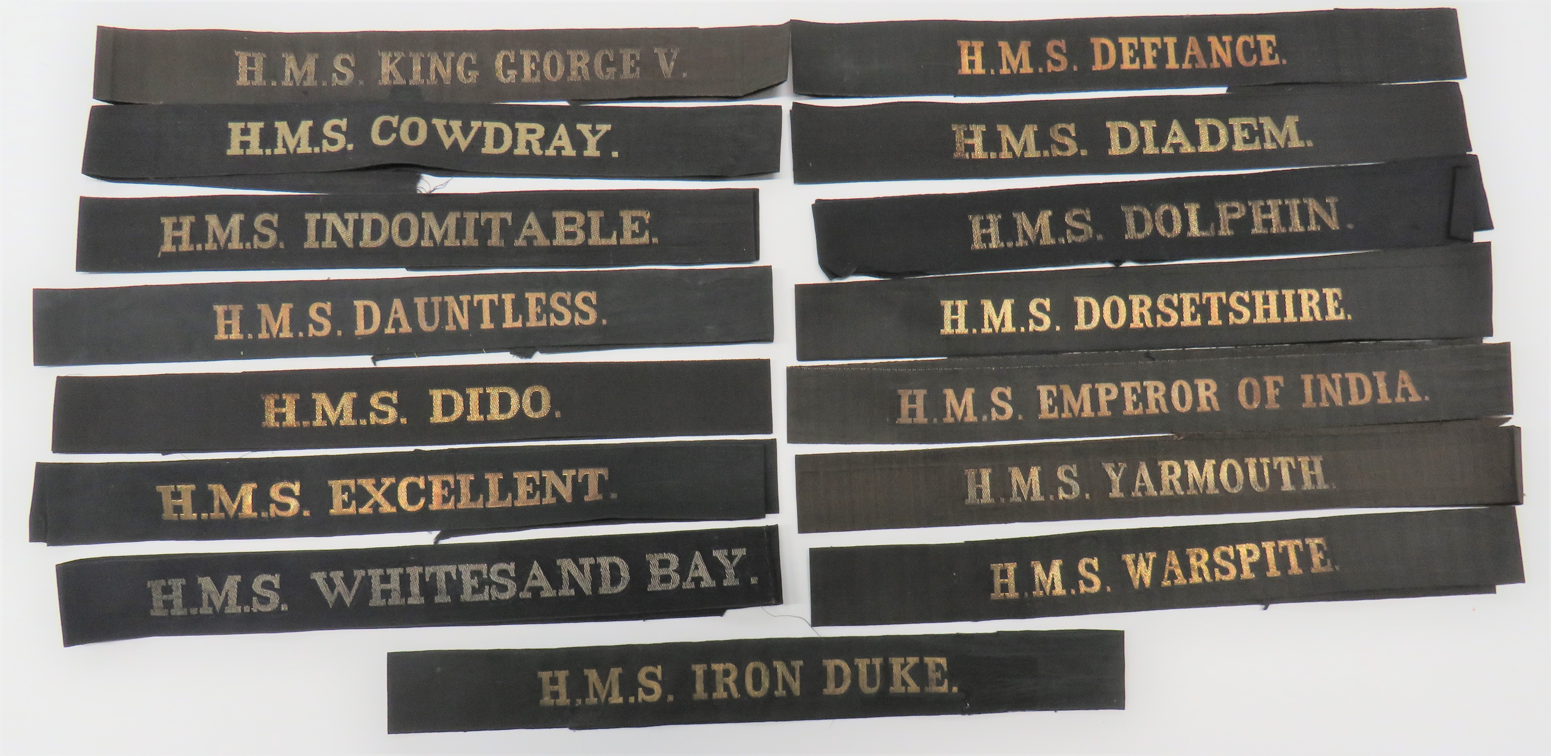 15 x WW1/WW2 Pattern Royal Navy Cap Tallies including HMS King George V ... HMS Indomitable ...