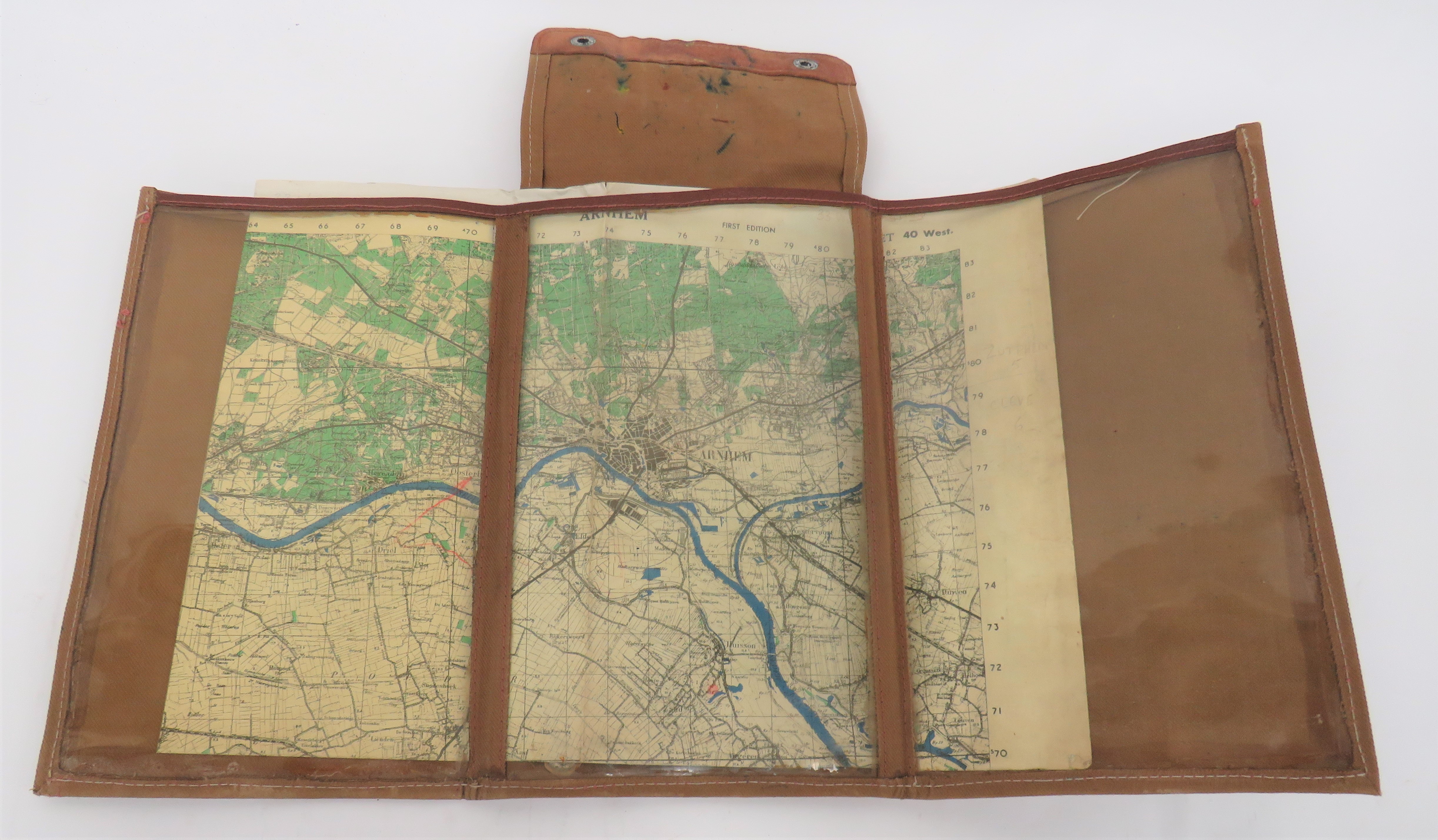 WW2 Airborne Pattern Map Case With Arnhem Map brown canvas, triple fold map case.  Top securing flap