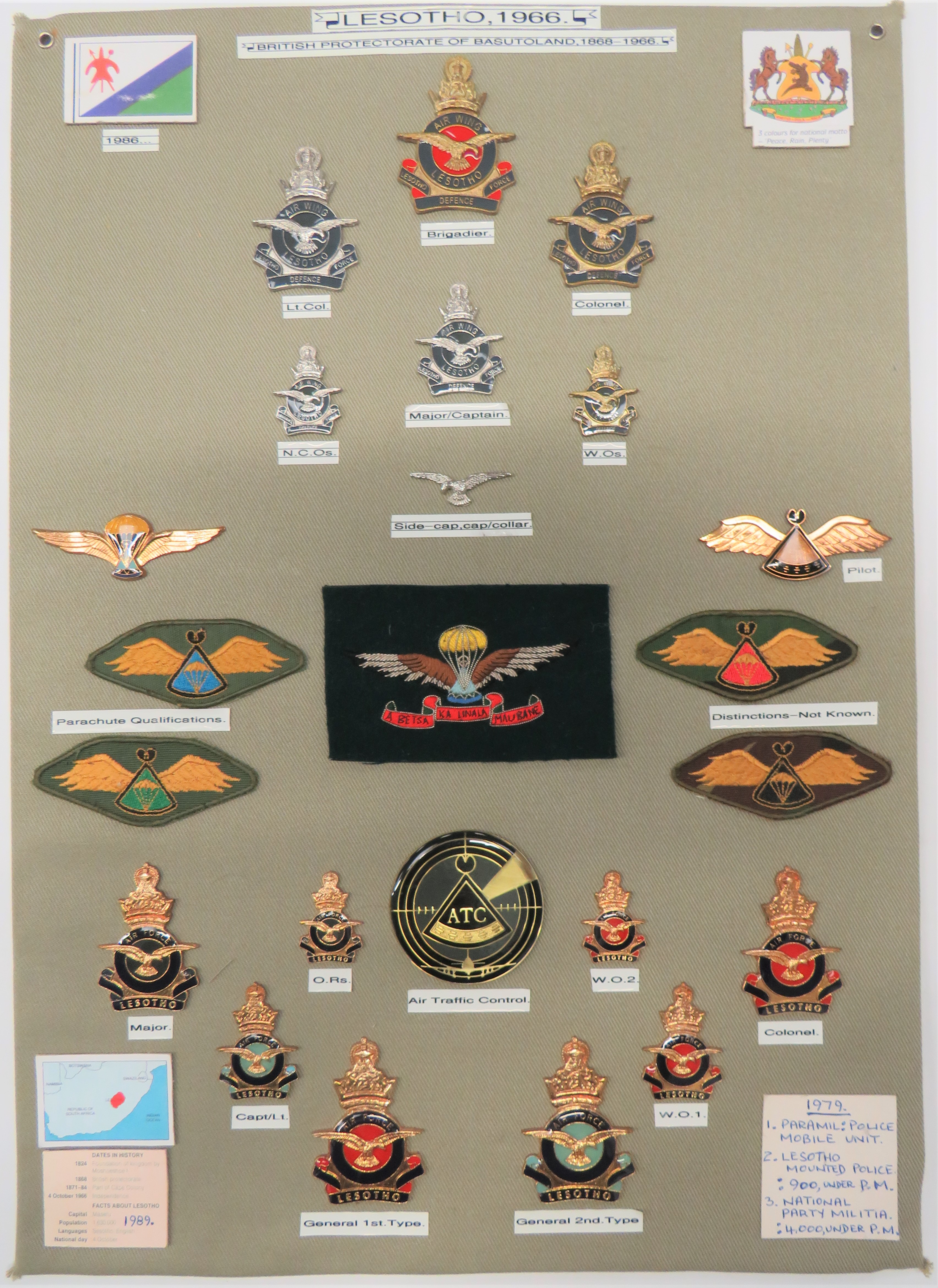 23 Items Of Insignia For Lesotho Post 1966 Air Force display board with good tabulated display of