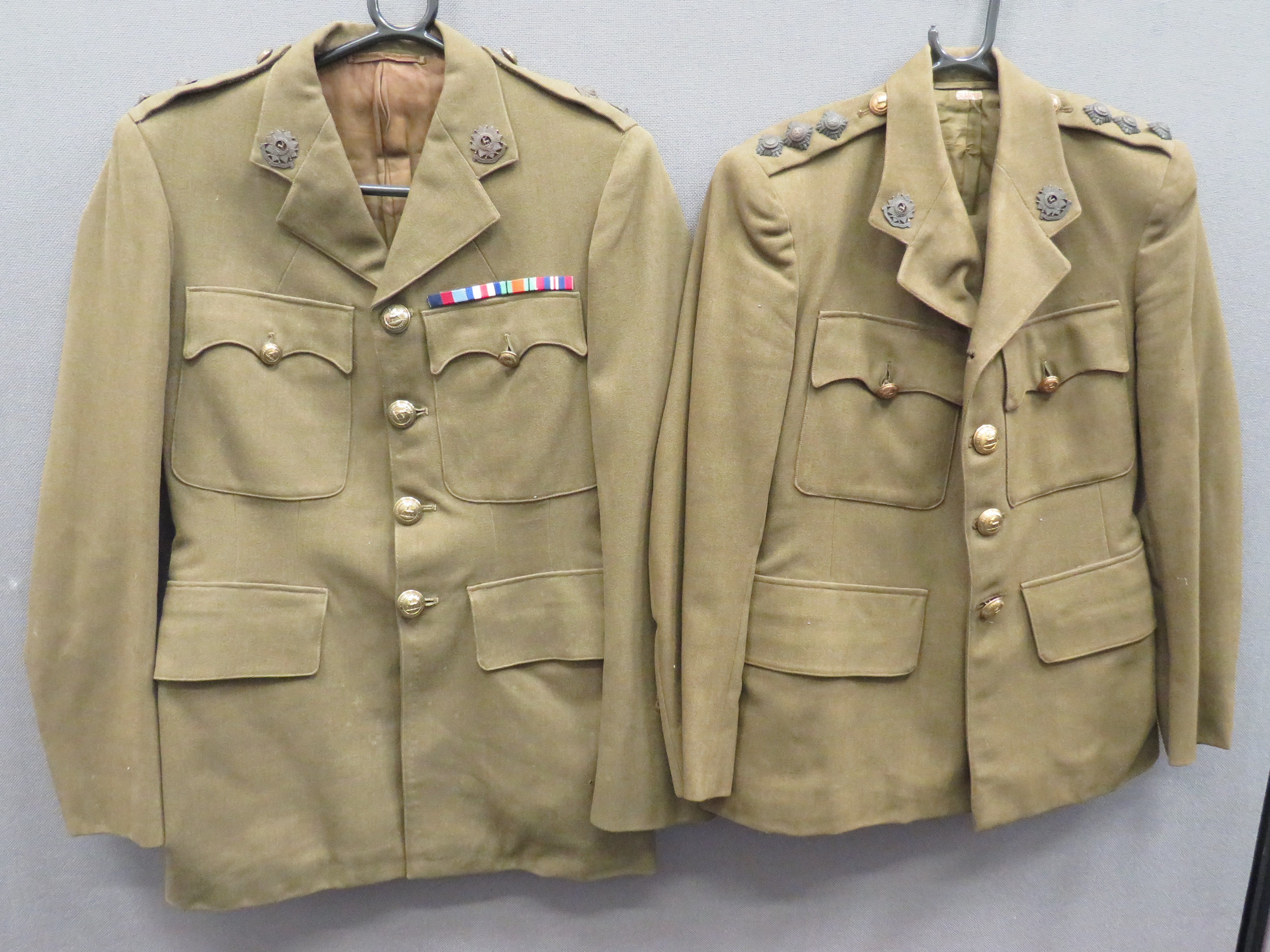 Two WW2 Utility Pattern Bedfordshire & Hertfordshire Service Dress Tunic khaki, single breasted,