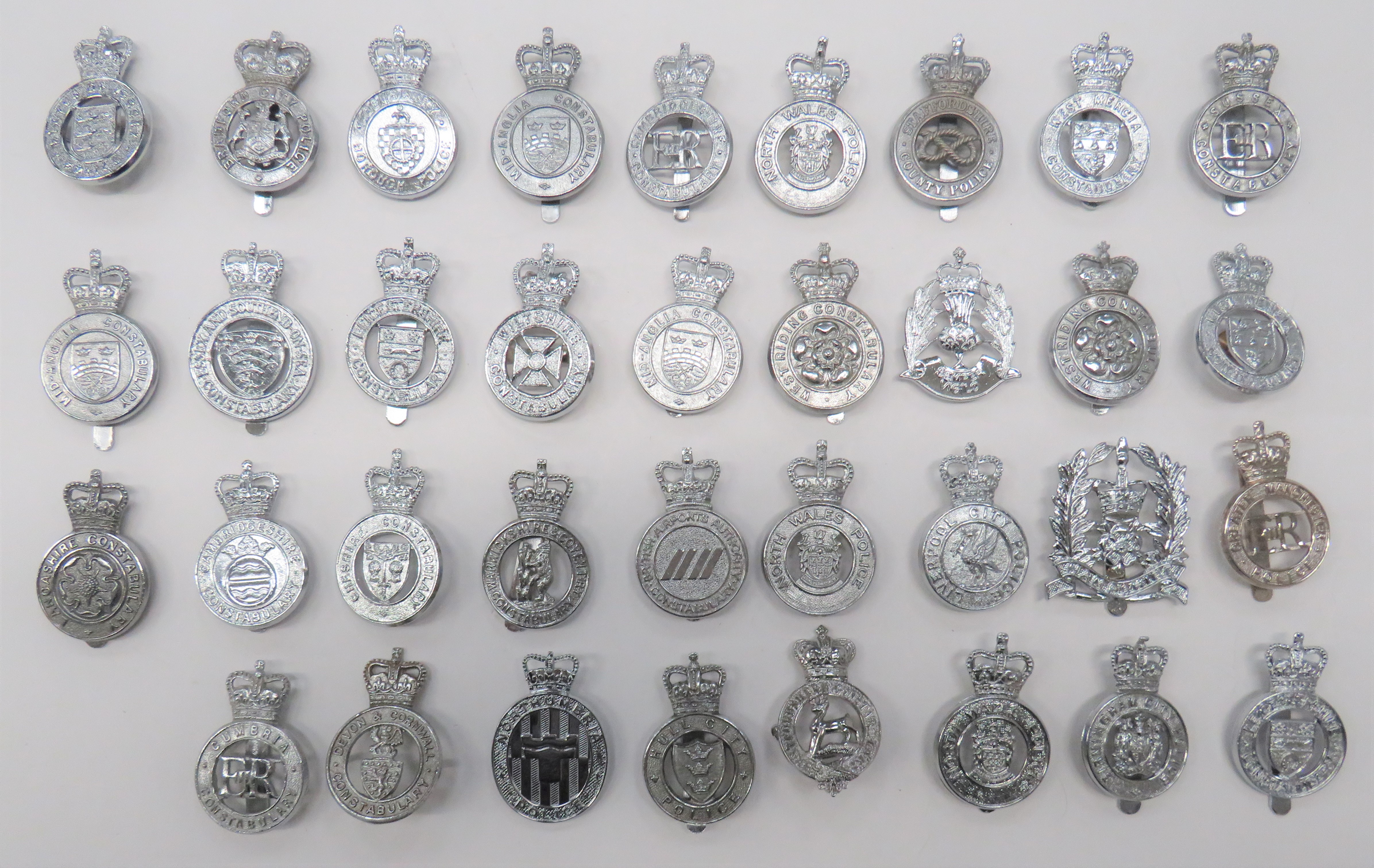 35 x Post 1953 Police Constabulary Cap Badges chrome plated, QC examples include Cumbria