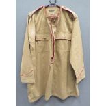 Indian Kurta Pattern Smock Tunic light khaki drill, round neck smock with part buttoned front. Patch