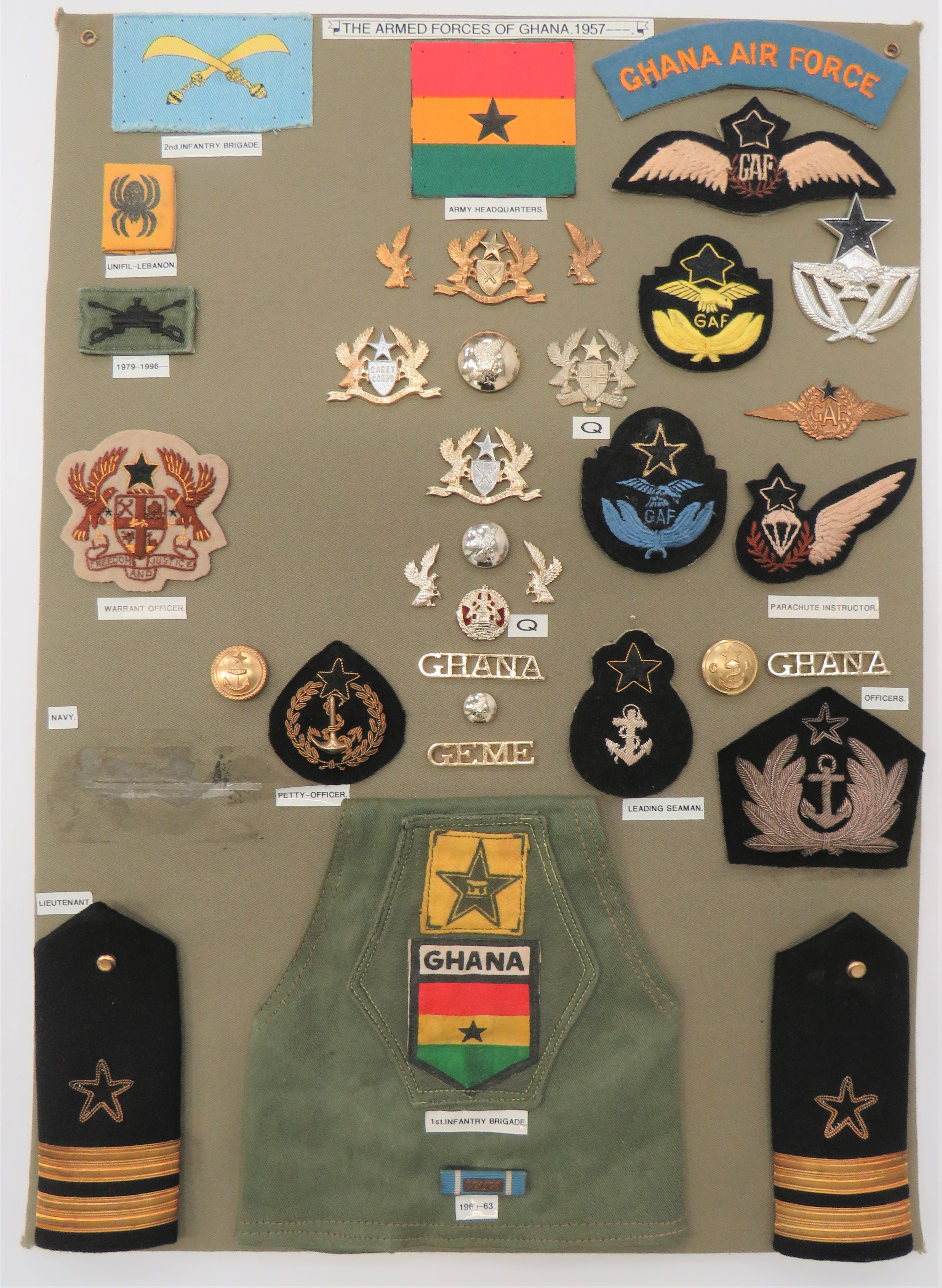 30x Items Of Insignia For Ghana Post 1957 Armed Forces  display board with good tabulated display of