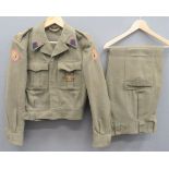 Post War Belgian Battledress Jacket And Trousers khaki green, open collar, short jacket with lower