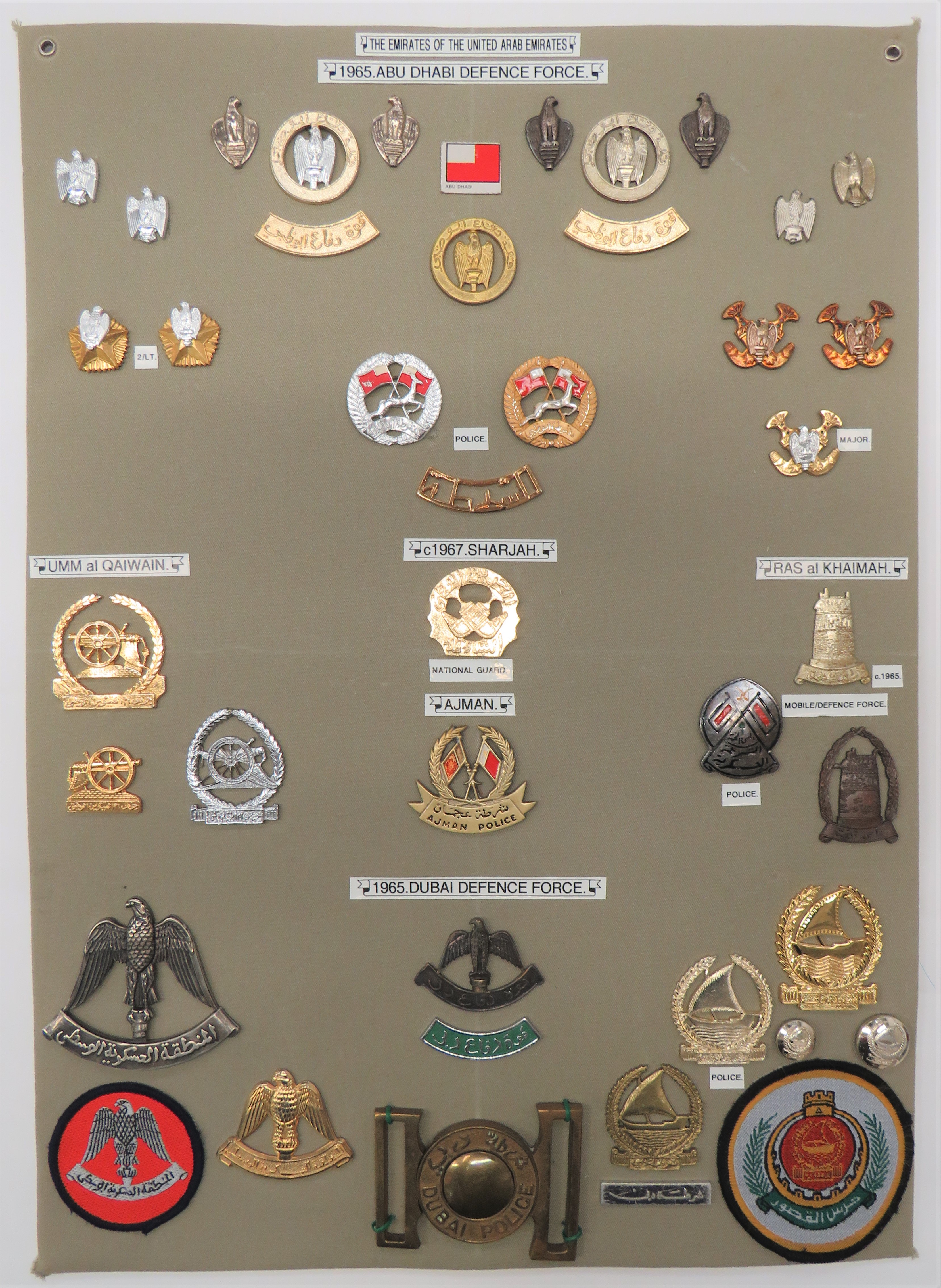39 Items Of Insignia For Abu Dhabi Defence Force display board with good tabulated display of