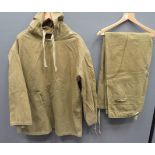 Scarce WW2 Tan Windproof Smock And Trousers khaki cotton, pull over smock with hood.  No pockets