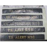 75 x Training Ship Cap Tallies including T.S. Active NTC ... T.S. Alert NTC ... T S Crusader NTC ...