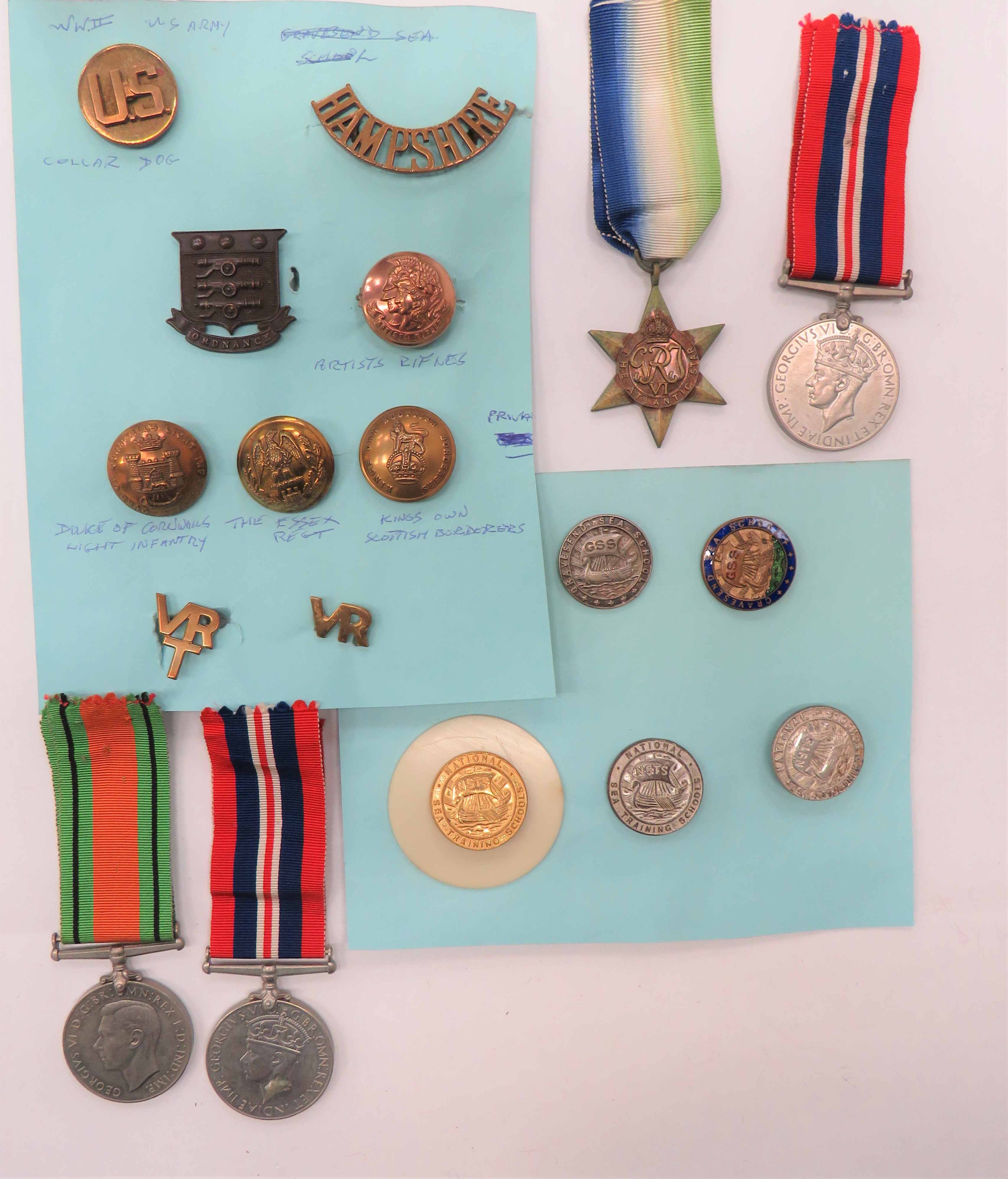 WW2 Medals And Badges including Atlantic Star ... Defence medal ... 2 x 1939/45 War medals ...