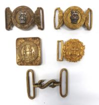 5 x Various Belt Buckles including gilt Vic crown Royal Navy buckle ... Brass snake buckle ... 2 x