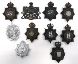 Ten Police Helmet Plates Mostly Pre 1952 blackened and chrome KC include Nottinghamshire