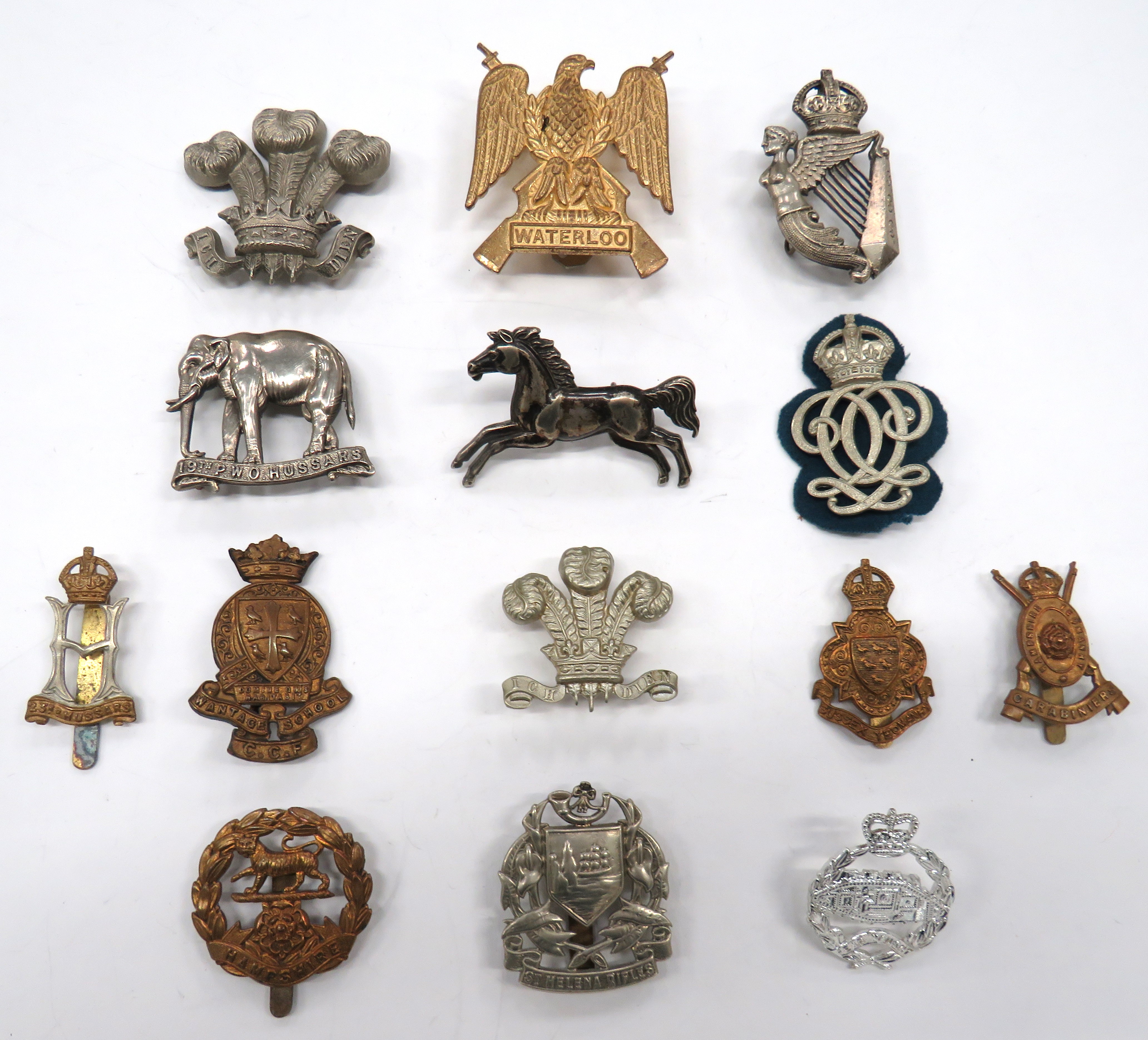 14 x Cavalry And Other Badges including 2 x white metal Prince Of Wales Cavalry arm badges ...