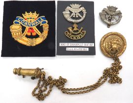 5 x Cornwall Light Infantry Items consisting cross belt strap, gilt whistle, holder, chains and lion