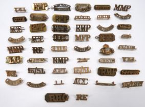 50 x Various Brass Shoulder Titles including MMP ... RMP ... MFP ... RTR ... RHG ... RHA ...