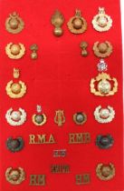 25 x Royal Marine Cap, Collar Badges And Titles cap include gilt, KC 2 part RM ... Brass QC RM ...