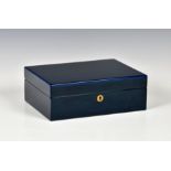A modern blue stained wooden jewellery box rectangular form, the hinged lid, opening to reveal