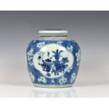 A Chinese porcelain blue and white ginger jar and cover 20th century, painted with three four-