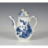 A first period Worcester blue & white pear shaped coffee pot in the fence pattern, domed cover