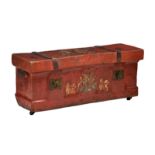 Military interest - An unusual and rare red lacquered canvas ammunition box or limber chest of