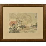 Two Japanese prints first half 20th century, both featuring large chrysanthemums in river