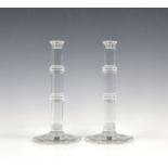 A pair of Tiffany & Co. clear glass candlesticks of hexagonal column form, etched 'TIFFANY & Co'