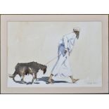 Clare Philipps (British, 20th Century) 'Omani with goat, Nizwa'watercolour, signed with initials and