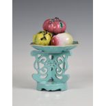 A Chinese famille rose porcelain fruit bowl on stand 20th century, the turquoise glazed scalloped,