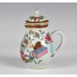 A Chinese export famille rose sparrow beak cream jug and cover late 18th century, the baluster jug