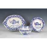 A French faience blue and white pottery fish serving set late 20th century, each signed 'Le Raude