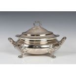 An elegant early 19th century silver plate oval tureen and cover with well engraved arms, marked