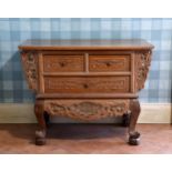 A Chinese carved teak three drawer chest 20th century, the rectangular top on pierced brackets