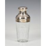 An Art Deco style Saint-Louis silver plated and cut glass cocktail shaker having elongated hexagonal