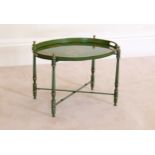 A Regency style tole ware oval tray on stand Italian, late 20th century, painted green with red