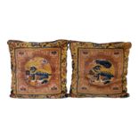 A pair of large Ninghsia Chinese rug cushions probably late 19th / early 20th century, later