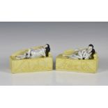 A pair of Chinese porcelain famille jaune erotic groups early 20th century, each depicting a male