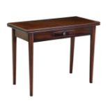 A George III mahogany rectangular fold over tea table with gateleg mechanism, the frieze with a