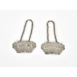 A pair of George II cartouche form silver wine labels 'MADEIRA' and 'WHITE *WINE' Sandilands