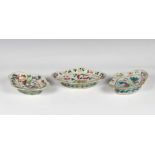 Three late 19th / early 20th century Chinese Canton famille rose quatrefoil / lobed footed dishes