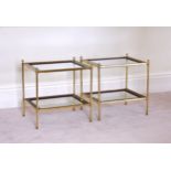 A pair of 19th century style brass, mahogany and glass two tier etageres or drinks tables late