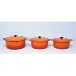 Three large round graduated Le Creuset casserole dishes 11¼ - 13¾in.* Condition: Used, little