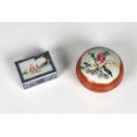 A Chinese porcelain famille rose, coral ground rouge pot 19th century, of bun form, the cover with a