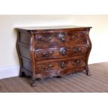 A good mid-18th century French provincial walnut three drawer bombe commode the cleated, moulded top