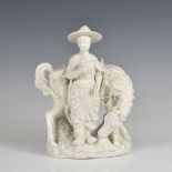 A blanc-de-chine porcelain figure of a young warrior and horse probably 20th century, the figure