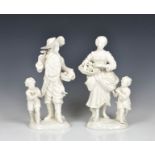 A pair of modern Italian white glazed figures of a farmer and flower maiden with children from the