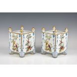 A pair of modern Serves style square jardinières painted with exotic birds and blue floral swags,