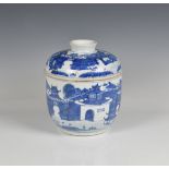 A 19th century Chinese blue & white jar and cover painted with a walled settlement, four character