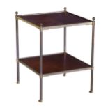 A 19th century style two tier brass and leather etagere late 20th century, the two square tiers with