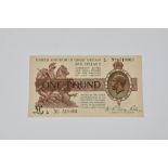 British Banknote - One Pound, c.1919. Signatory N. F. Warren Fisher, serial number L35 519066,