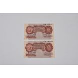 British Banknotes - Two Ten Shillings, c.1928, Signatory C. P. Mahon, serial numbers Z18 007058 &
